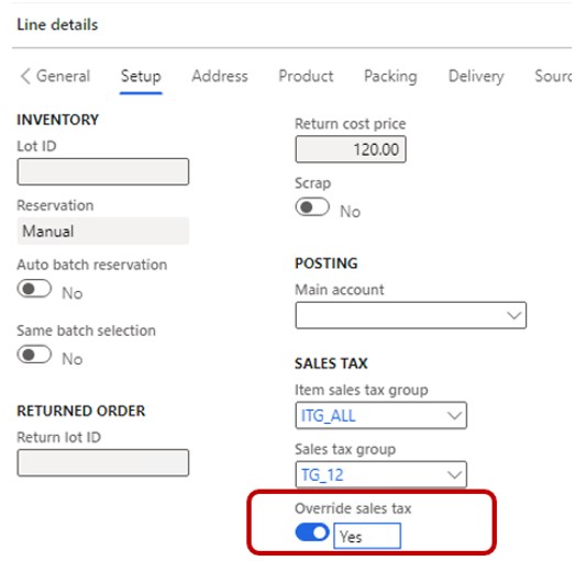 Screenshot of the Override sales tax option set to Yes on the line details page for a document line.